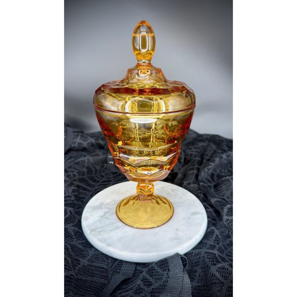 vintage Viking Glass Company "Georgian" pattern amber footed candy dish with a l
